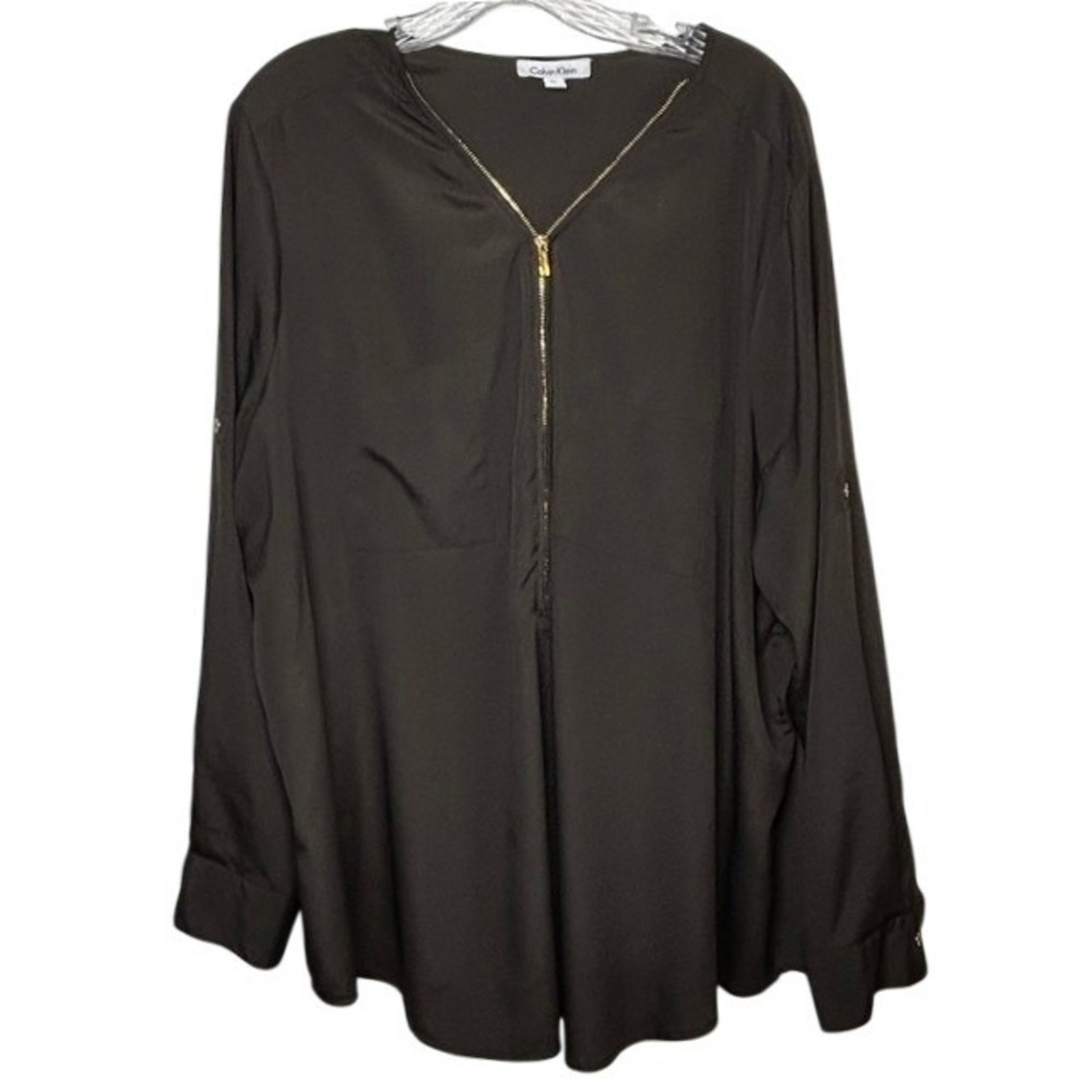 Calvin Klein Women's Black Long Sleeve Zipper Accent V-Neck Blouse 2X